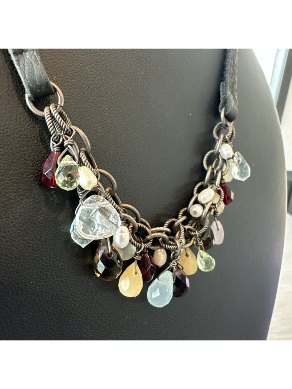 Vintage Silpada N1263 Rainbow Necklace Faceted Beads & Pearls Black Leather 925